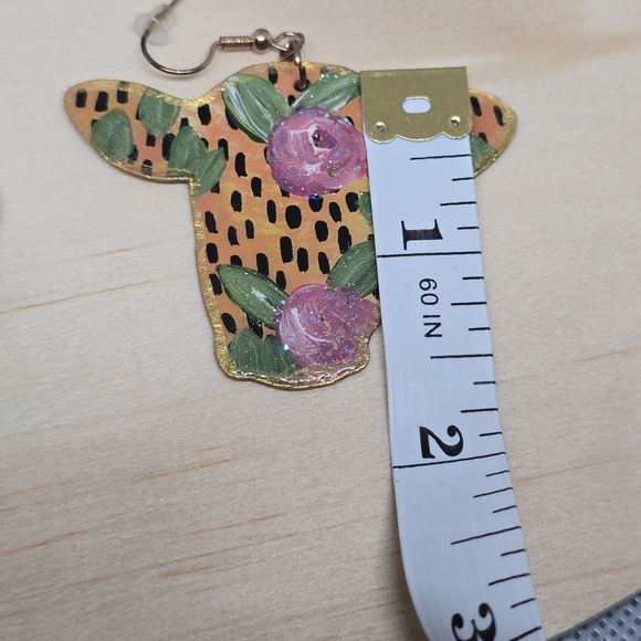 Hand-Crafted Handmade Earrings Boho Western Cow Floral Country Casual - E005 - Picture 6 of 7